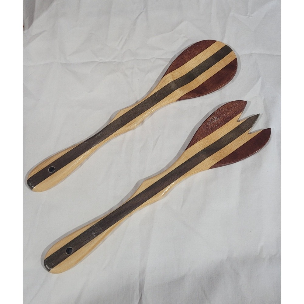 Decorative Tri Color Wooden Serving Utensils Fork Spoon Salad Set